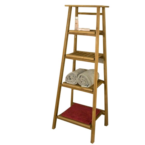 Four Tiered Ladder Style Teak Bathroom Shelf